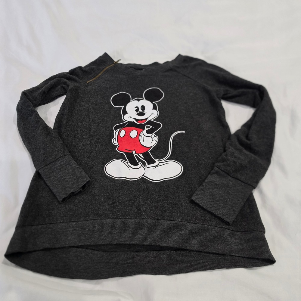 Disney Mickey Mouse Sweatshirt Women Small Gray Asymmetrical Zipper Excellent
